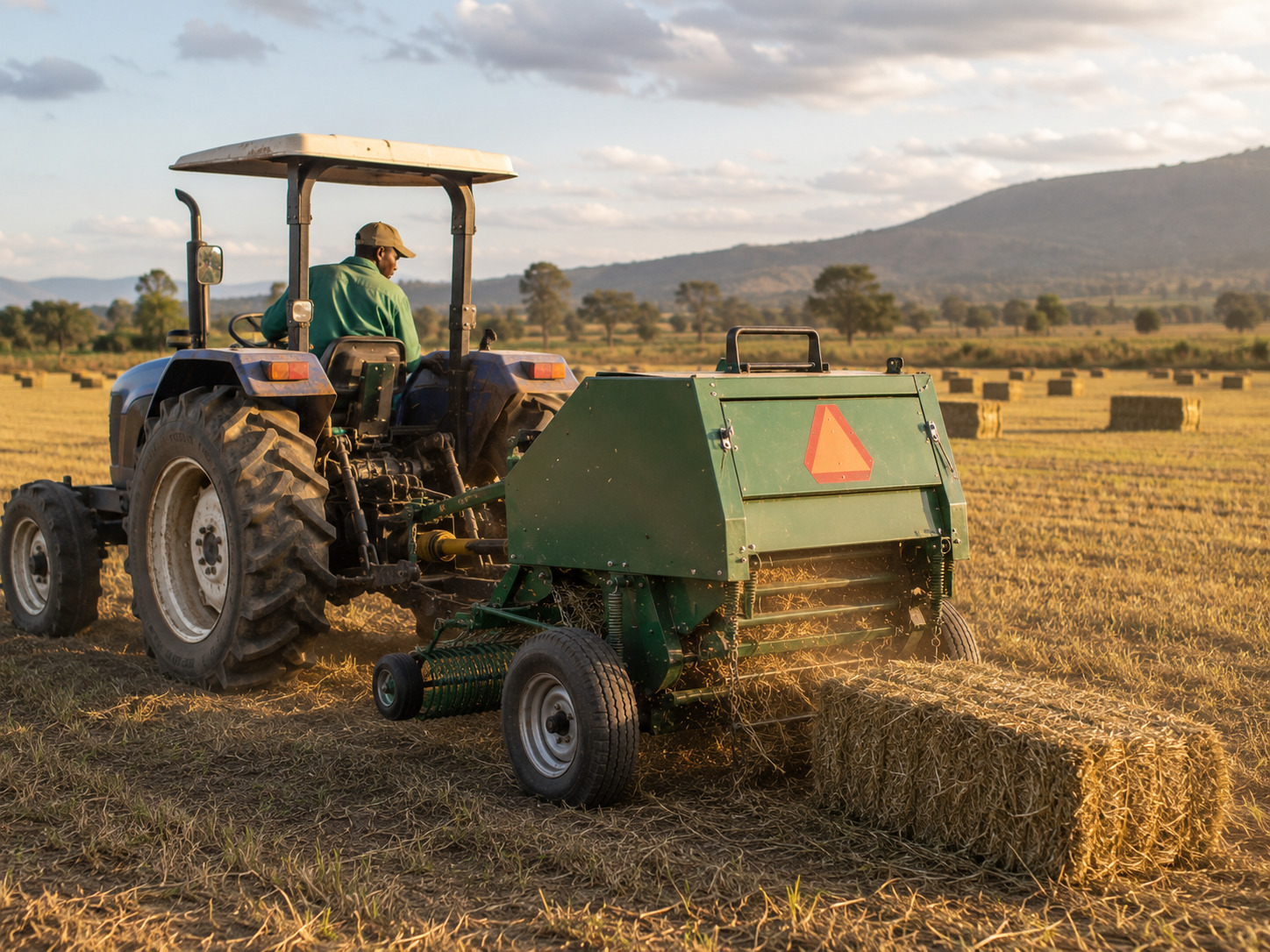 Tractor baler for compressing hay