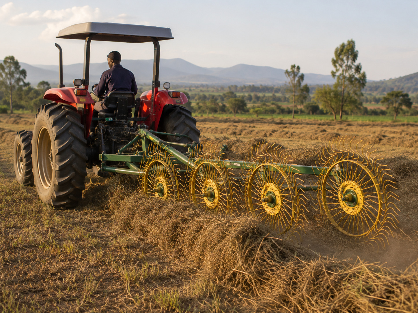 Tractor rake for hay and crop-residue handling